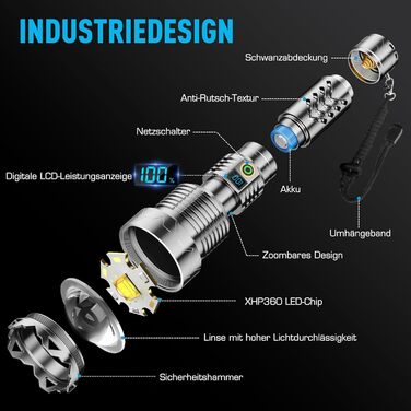 Світлодіодний ліхтарик SIDARK Ultra Bright 50 000 люмен, акумуляторний, 5 режимів, масштабований, IPX7, сріблястий