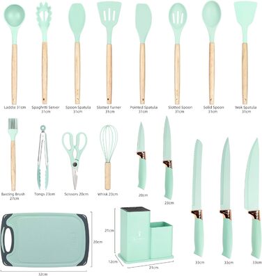 Набір кухонних ножів EliteHoff 19 предметів: 5 ножів, 12 аксесуарів, дошка та підставка – з дерев'яними ручками, безпечний, можна мити в посудомийній машині, чорний (E-6074)