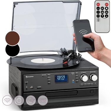 Програвач вінілу Auna з Bluetooth, USB, CD, DAB-радіо, вбудованими динаміками, ретро-дизайн, чорний