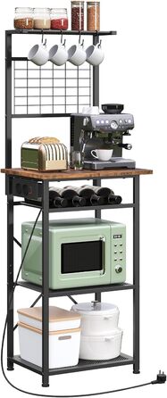 Стелаж для кухні з розетками, підлоговий, бакалійний, 35 x 48 x 135 см, 4 гачки, станція для кави з тримачем для пляшок та гачками, вінтажний коричневий та чорний ABRHR23UE01