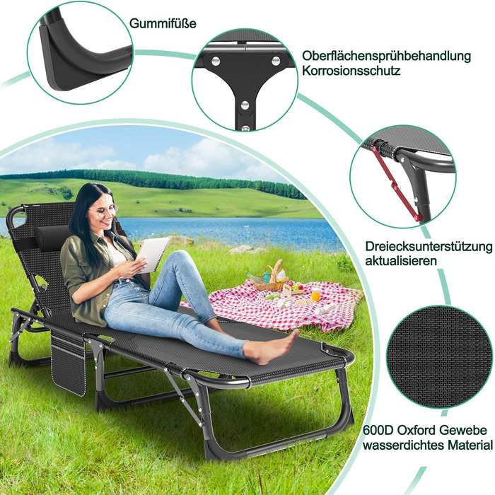 Складана сонячна лежак для саду, 200 кг, з матрацом та підголівником, блакитний. Підходить для балкону, саду, кемпінгу