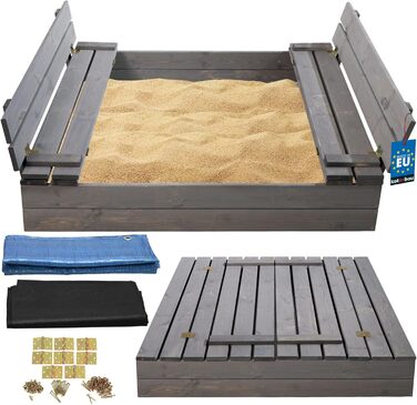 Пісочниця KOTARBAU® з кришкою, 120x120 см, дерево, сіра, з лавками