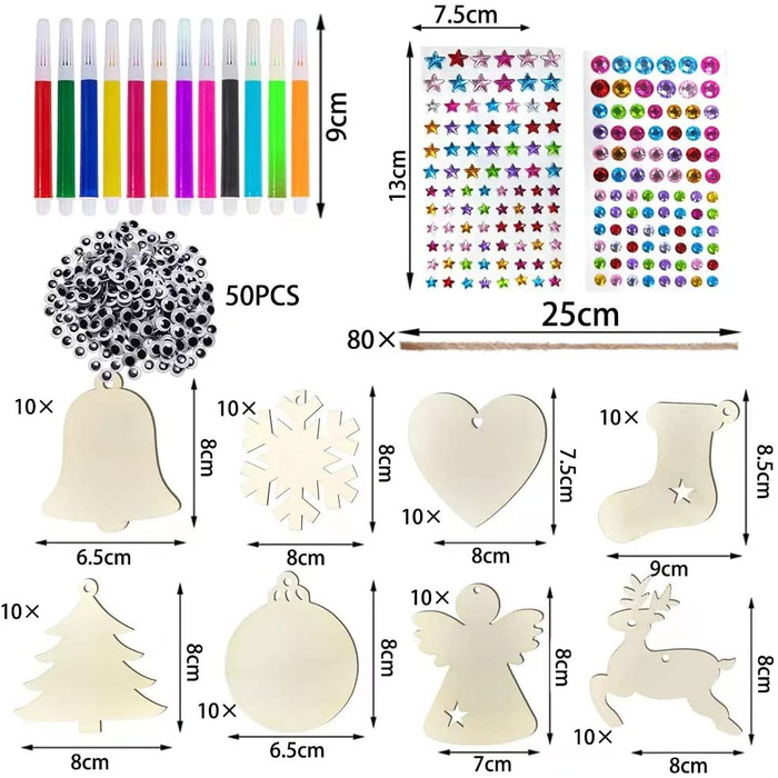Новорічні підвіски для розпису RURIZHONGTIAN дерев'яні 80 шт з аксесуарами