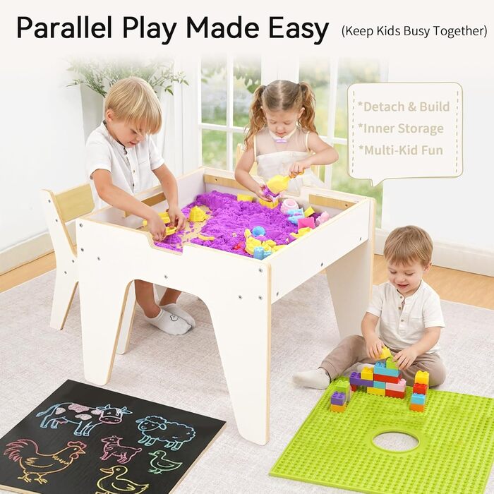 Дерев'яний дитячий набір меблів Wingyz 4-в-1: стіл, 2 стільці, стіл з місцем для зберігання. Ідеально для малювання, ігор та активностей.