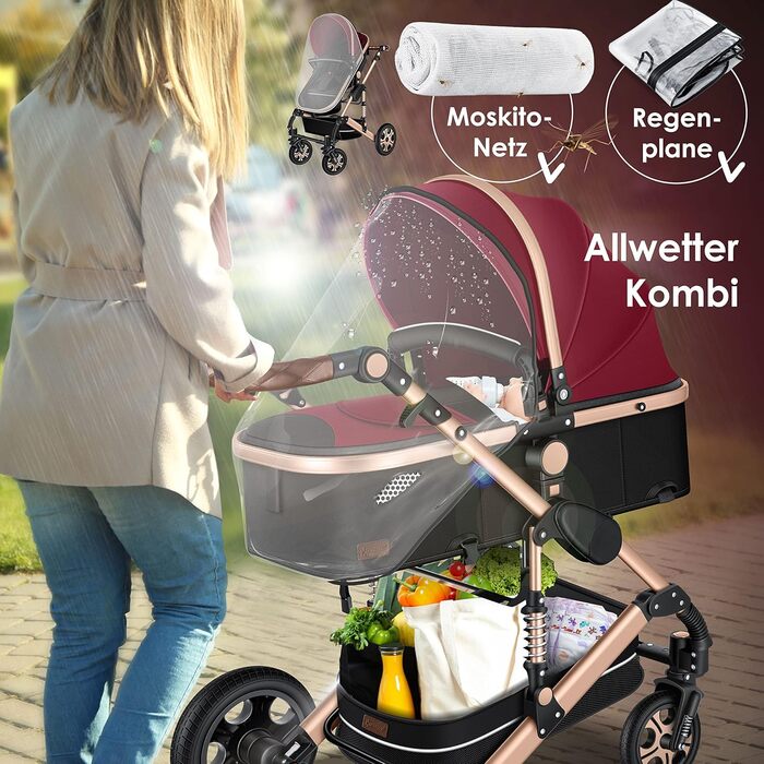 KESSER® Loops - Коляска 3в1 Комбінована з люлькою, прогулянковим блоком та автокріслом. Повний комплект з ванною для новонароджених, сумкою для пеленання, дощовиком та столиком. Чорний колір. Відповідає стандарту ECE R129.