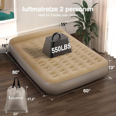 Надувне ліжко Lewondr на 2 особи з вбудованим насосом, 203x152x33 см. З подушкою, самонадувне, для кемпінгу, дому, гостей, подорожей (250 кг MAX), кольору хакі