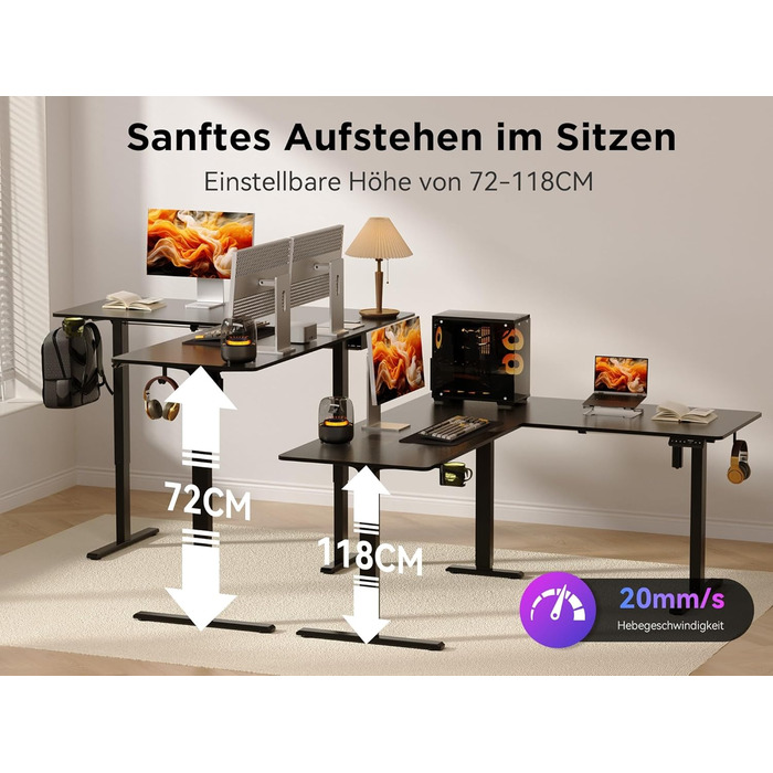 Електричний кутовий стіл WALKINGDESK 160 x 140 см з регулюванням висоти, чорний. Стіл для офісу, геймінгу та дому з кабелеуправлінням