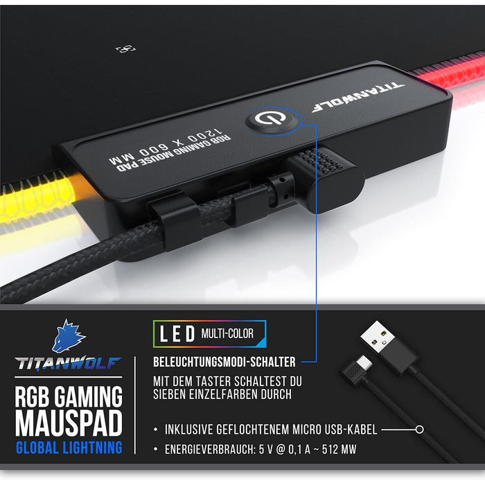 Килимок для миші TITANWOLF XXXL RGB з підсвічуванням LED, 1200 x 600 мм – для геймінгу, з гумовою основою, карта світу