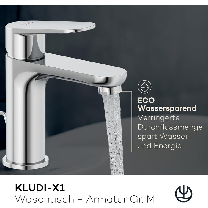 Змішувач для умивальника KLUDI-X1 низького тиску, висота виливу 95 мм, водозберігаючий, розмір M, з керамічним картриджем, хром, з 3 штуцерами (для бойлера), для ванної кімнати