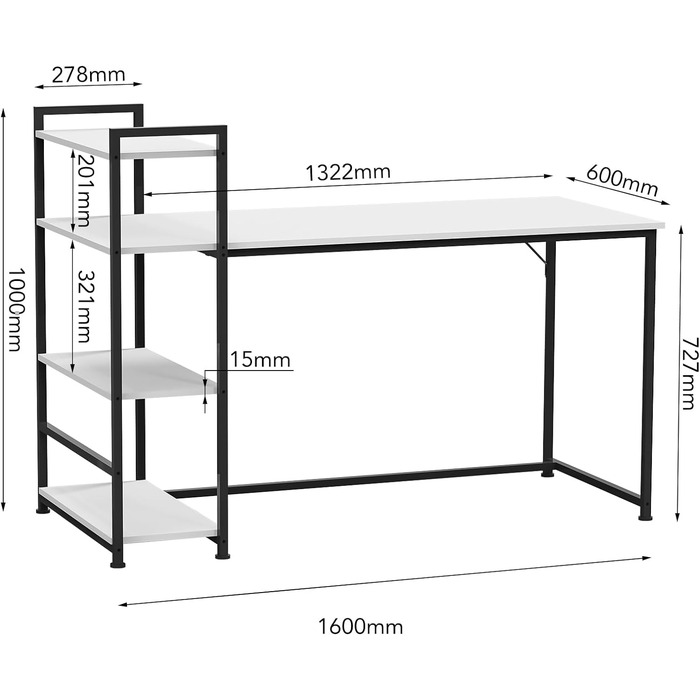 Стаціонарний стіл, Стаціонарний стіл, Комп'ютерний стіл з книжковою шафою, Стіл для ПК для домашнього офісу з 4-рівневими полицями для зберігання, Стіл з книжковою шафою (Білий) 160 x 60 x 100 см Білий, 5 160x60x100