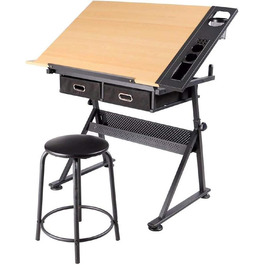 Письмовий стіл Yaheetech Креслярський стіл для фарбування Похилий регульований архітектурний стіл з висувними ящиками та табуретом Робочий стіл для офісу та дому