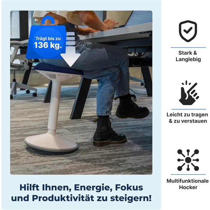 Ергономічний офісний стілець-хокер з регулюванням висоти та ефектом балансування, синій (40-60 см) - найкращий вибір для офісу та стоячої роботи