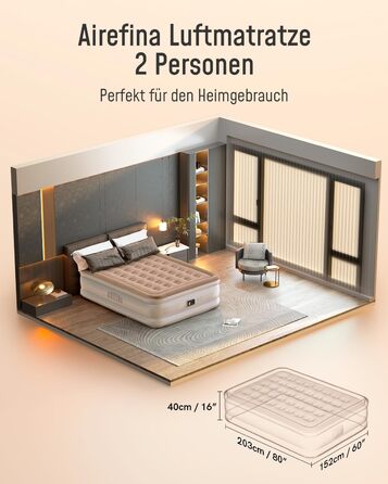 Надувна матрац Airefina з інтегрованим насосом, преміум-якість, для гостей, кемпінгу та дому, 203x152x40 см, на 2 особи