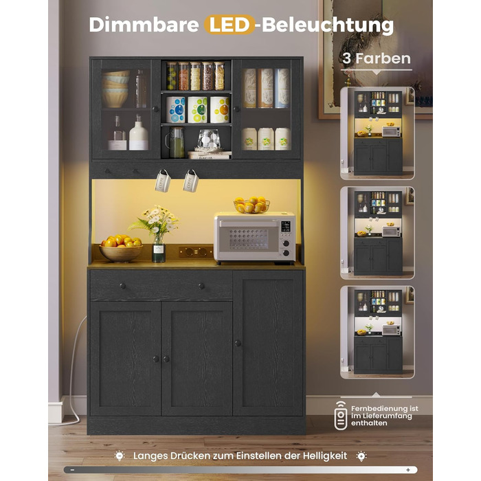 Чорний кухонний шафка з робочою поверхнею, буфет з LED-підсвіткою, розеткою, ящиками та регульованими полицями (103.5 x 40 x 180 см)