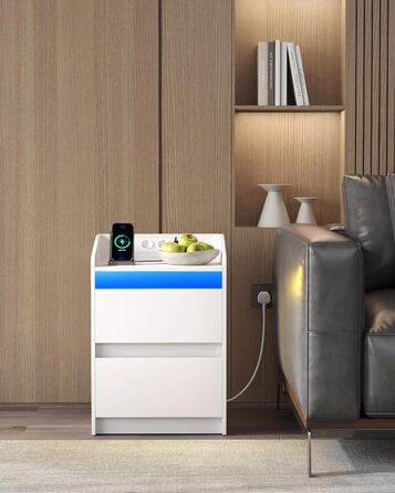 Набір з 2 приліжкових тумб з LED-підсвіткою, зарядною станцією, USB та розетками, з 2 шухлядами, білий, для спальні та вітальні, модель NS30103X