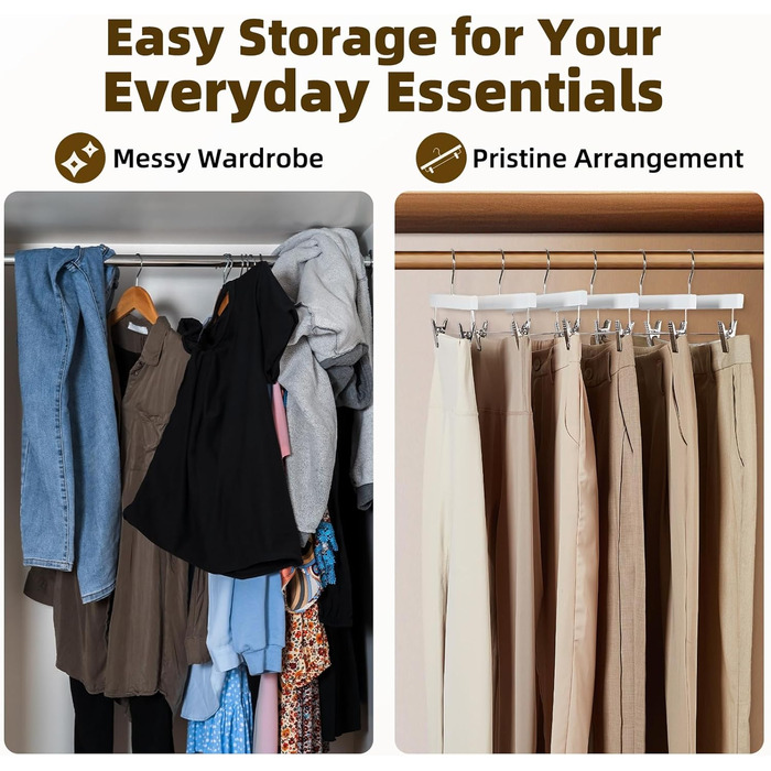 Дерев'яні вішалки для штанів та одягу HOUSE DAY з кліпсами, 25 шт. - білі, 35,5 см, з обертовим гачком