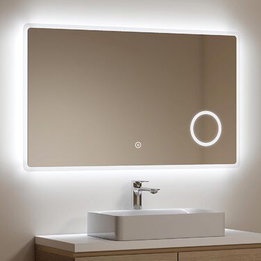 Дзеркало для ванної кімнати EMKE з підсвічуванням 100x60 см, LED, 3x косметичне дзеркало, 6500K, сенсорне, IP44, енергозберігаюче