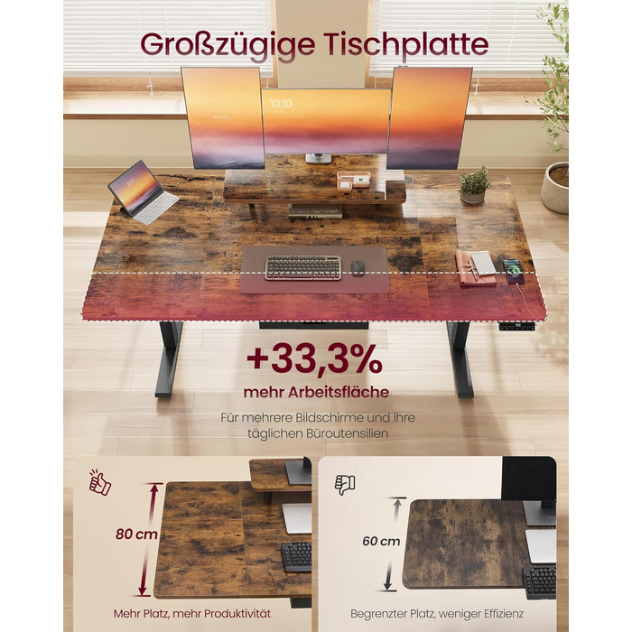 Стіл письмовий регульований по висоті VASAGLE з підставкою для монітора, шухлядою, USB-C та нагадуванням про перерви, 140 x 70 см, Vintage Brown
