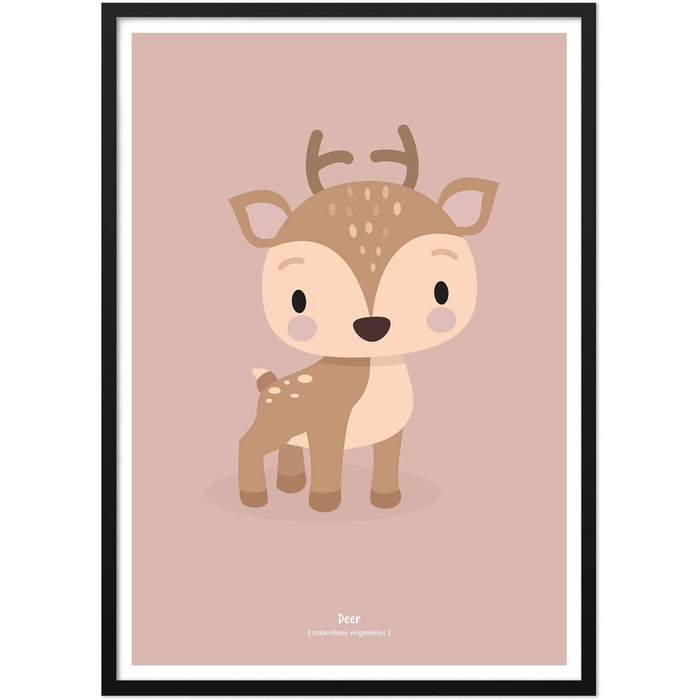 Постер Klebekerlchen 50x70 з лісовими тваринами прикраса для дитячих кімнат та дитячих кімнат картини з тваринами для хлопчиків та дівчаток з дерев'яною рамою - (50x70 - рама чорна, олень)