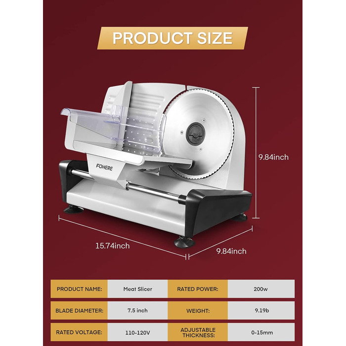 Електричний слайсер FOHERE: Brotschneidemaschine з регулюванням товщини нарізки (0-15 мм), 200W, для м'яса, ковбас, шинки, з нержавіючої сталі, з захистом