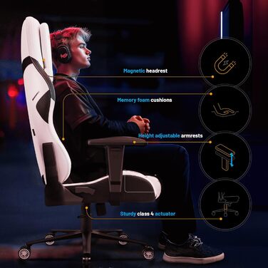 Ігровий крісло Diablo Gaming X.One Prime з підголівником та охолодженням, металева база, регульовані підлокітники, 140 кг, білий