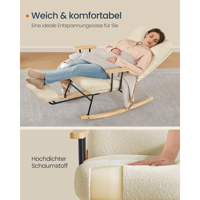 Крісло-гойдалка SONGMICS HOME з дерева каучука, флісова оббивка, регульована спинка, до 160 кг, для спальні/вітальні, камелеон-колір