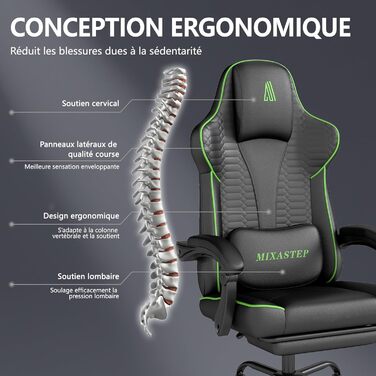Ергономічне геймерське крісло з підніжкою, Racing-модель, регульована підголовник та поперекова підтримка, для дому та геймінгу, білий (зелений)