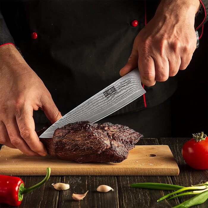 Ніж кухонний HOSHANHO Дамаск 20см, 67 шарів Дамаської сталі, японський ніж з ергономічною ручкою оливкового кольору