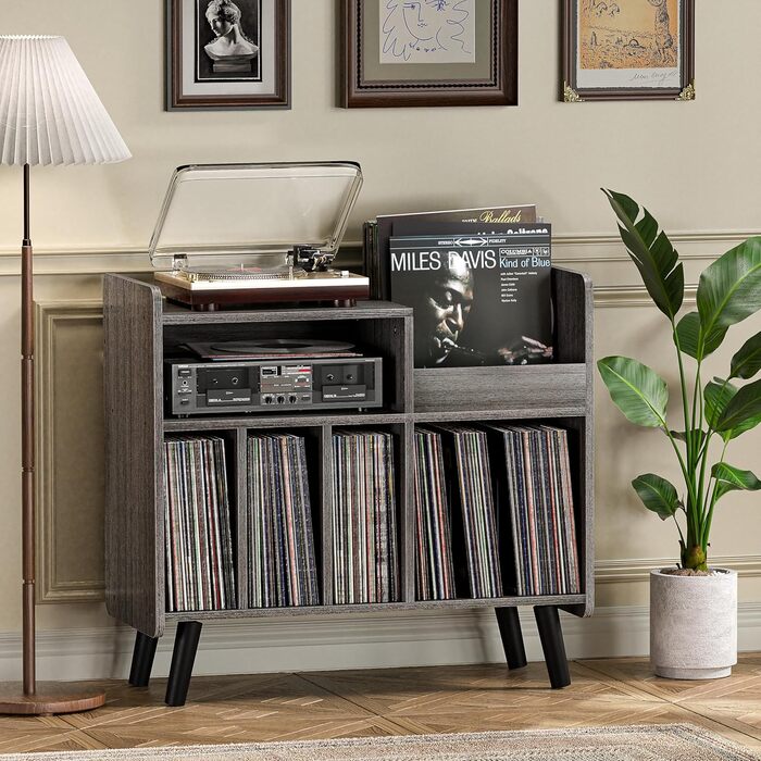 Стіл для програвача, стійка для вінілових пластинок середини століття з місцем для зберігання до 350+ альбомів, шафа для вінілу з регульованими полицями (Сірий)