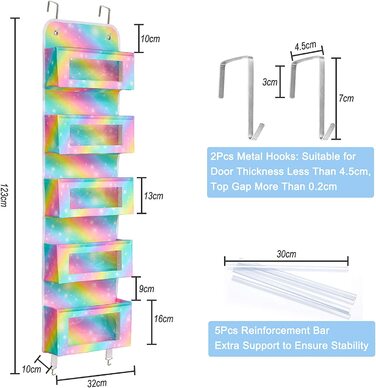 Дверний органайзер Beinou з 5 великими кишенями, 122,9 x 32 см, дверна вішалка з прозорим вікном для комори, дитячої кімнати, ванної кімнати, шафи, (Веселка)
