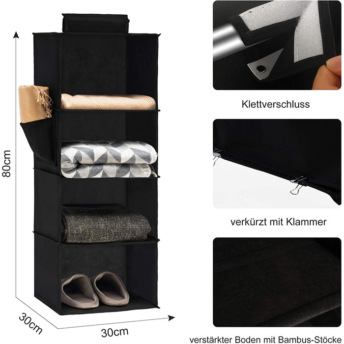 Підвісна полиця Міцний органайзер для гардеробу з бамбуком і МДФ, 4 відділення, чорний