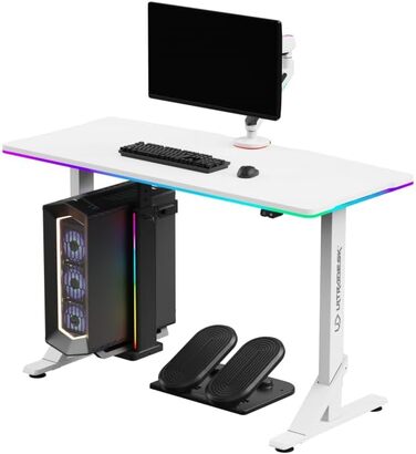 Комп'ютерний стіл ULTRADESK Iron з RGB підсвічуванням: механічний регульований стіл для геймінгу (білий)