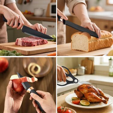 Набір ножів Makfoner 6 шт. з знімним бруском: кухонні ножі Сантоку, для хліба, кухонні, для чищення, універсальні, ножиці, з нержавіючої сталі, білий