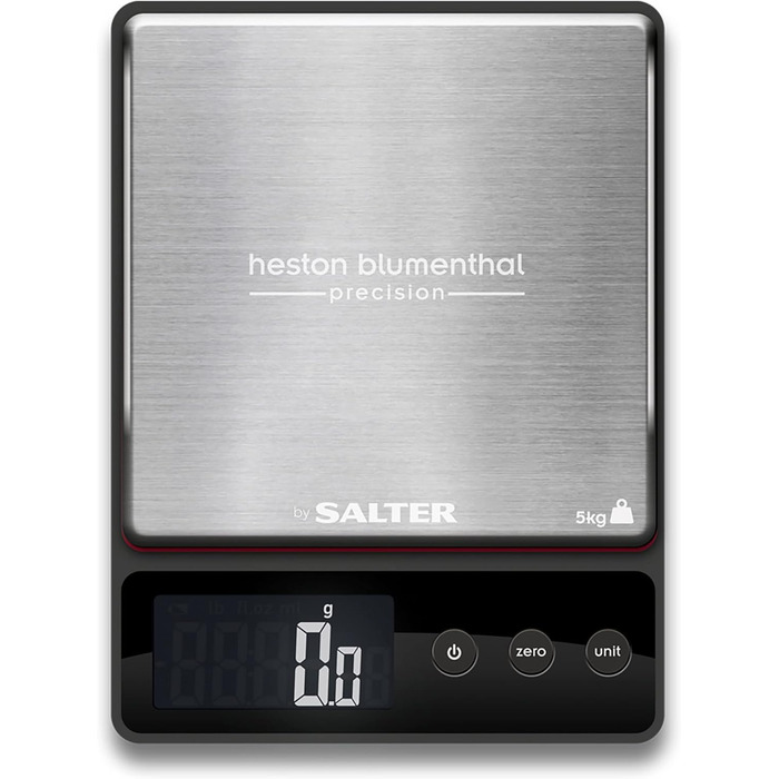 Цифрові кухонні ваги Heston Blumenthal by Salter 1140A HBBKDR - місткість 5 кг, вимірювання з кроком 0,5 г, функція додавання та зважування/тари, платформа з нержавіючої сталі, прецизійні ваги для вимірювання рідин з двома платформами