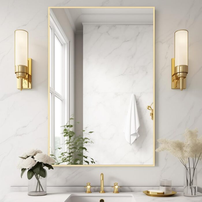 Дзеркало для ванної кімнати HOMECOOKIN 50.8 x 76.2 см з металевим каркасом, прямокутне, для встановлення над умивальником, вертикальне або горизонтальне (Золотий)