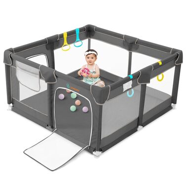 Манеж для дітей COMOMY 127x127 см, безпечний ігровий майданчик з м'якою сіткою та протиковзним дном, сірий