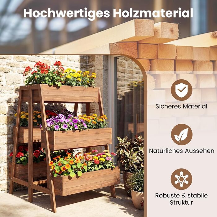 Вертикальна грядка COSTWAY з 3 ярусами, 6 контейнерами для квітів, дерев'яний ящик для рослин на терасу, балкон, сад - коричневий, 126x90x115 см