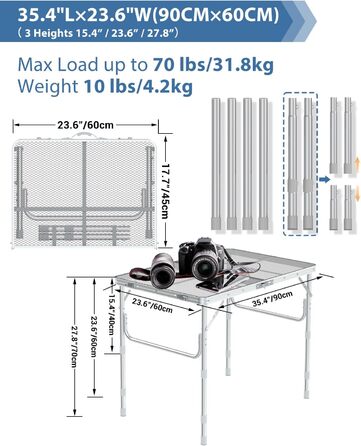 Розкладний стіл для кемпінгу, алюмінієвий кемпінговий стіл 90x60 см Максимальне навантаження 31,8 кг, Кемпінговий стіл регулюється по висоті (40 см, 60 см і 70 см) для пікніка Гриль Приготування їжі Сад Піші прогулянки (срібло)