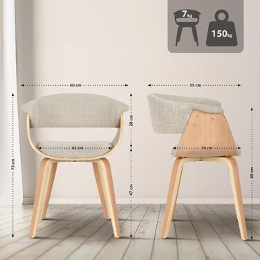 Стільці для їдальні CLP Bruce з тканинним покриттям, дерев'яним каркасом, чорного кольору для їдальні або кухні | Крісло витримує до 150 кг, колір: каркас - горіх (дерево (натуральне), кремовий)