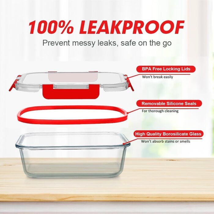 Набір контейнерів Verones 24 шт. з кришками, повітріобіг, скляні ланч-бокси, для зберігання, миття в посудомийній машині, (червоний/для подорожей, однотонний)