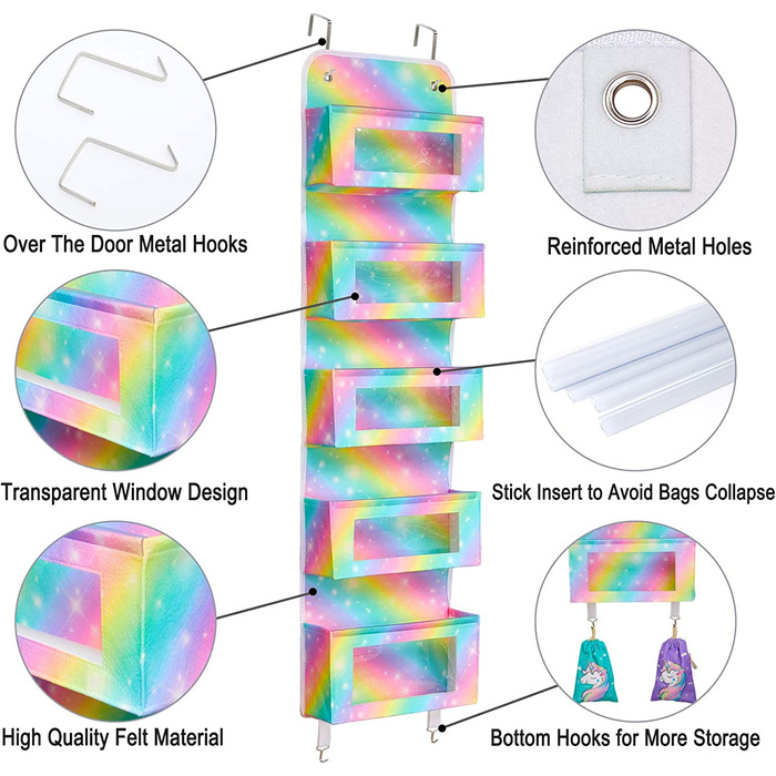 Дверний органайзер Beinou з 5 великими кишенями, 122,9 x 32 см, дверна вішалка з прозорим вікном для комори, дитячої кімнати, ванної кімнати, шафи, (Веселка)