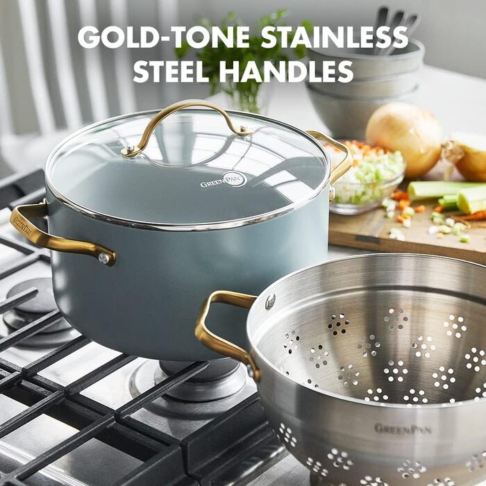 Каструля GreenPan Padova Reserve з антипригарним покриттям Hartelox, 18 см, 2 л, з кришкою з термостійкого скла, PFAS-free, для індукційних плит, з золотим ручками, придатна для миття в посудомийній машині та для випікання, колір: Димчастий блакитний (з ф