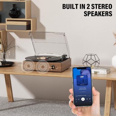 Вініловий програвач-ретро з Bluetooth, портативний програвач платівок з 3 швидкостями (33/45/78 об/хв), вбудованими стерео-динаміками, RCA виходом, AUX-входом, колір натурального дерева