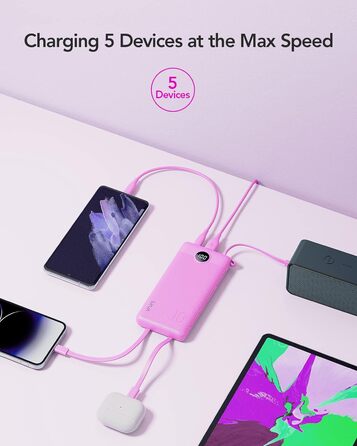 МАг, USB C, 5 виходів, 2 входи, LED-дисплей, сумісний з iPhone/Huawei/Samsung, рожево-червоний, 10000