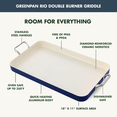 GreenPan сковорода-гриль з подвійним дном, 45.7 x 27.9 см, керамічне покриття, антипригарна, без PFAS, нержавіючі ручки, для плити, посудомийна машина, духовка та гриль, блакитний колір Oxford