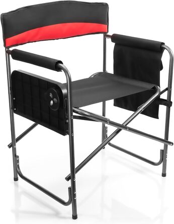 Крісло для кемпінгу BigDean Comfort чорного кольору з практичним розкладним столиком з підстаканником Крісло кемпінгове 62 х 83 см (ШхВ) з бічною кишенею - Розкладне крісло для риболовлі - Розкладне крісло з навантаженням до 180 кг