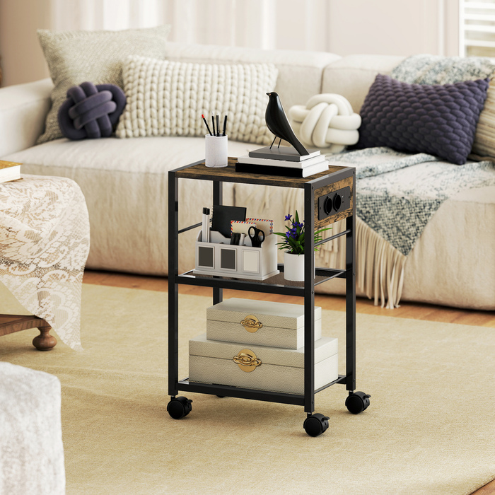 Підставка для принтера з полицею та колесами, з розетками, USB та USB-C портами, до 40 кг, у стилі рустикального коричневого