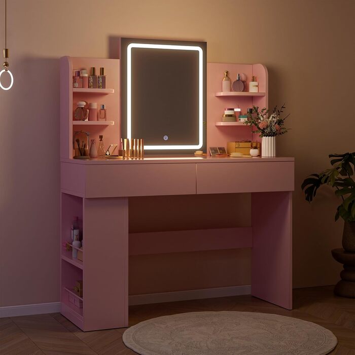 Трюмо Airfish з підсвічуванням 108x40 см: туалетний столик з дзеркалом, полицями, 2 шухлядами, регульоване освітлення, для спальні/вітальні (білий/рожевий)