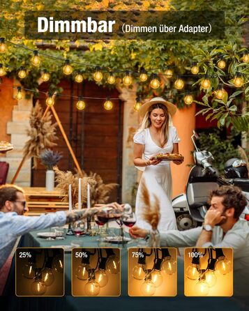 LED гірлянда для декорування саду та тераси, 15 метрів, тепле світло, G40, з таймером та димером, вологостійка