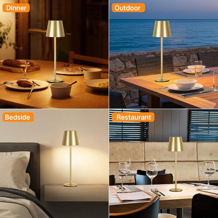 LED-лампа настільна бездротова OUTON (2 шт.) з регулюванням яскравості, 3 режими кольору, USB-C зарядка, IP54, 30 годин роботи – для дому та вулиці, чорний/золотий